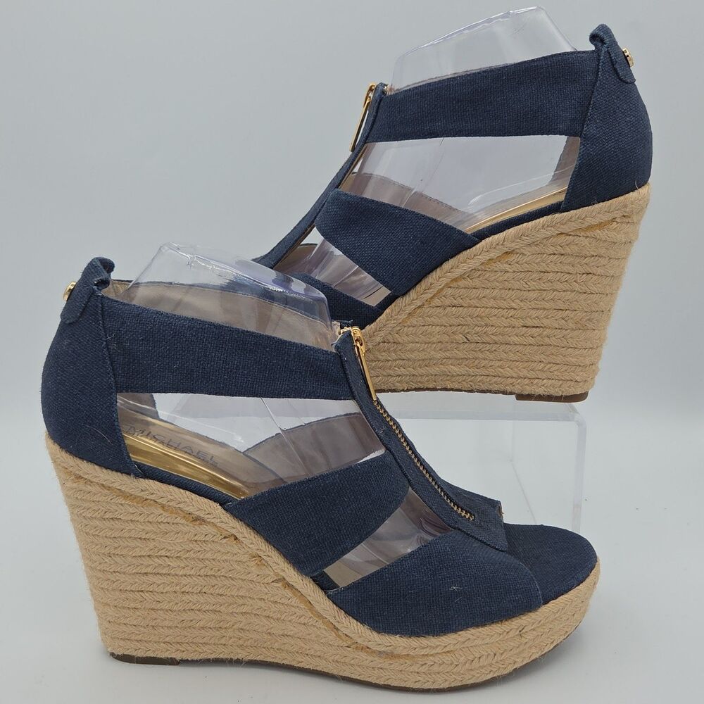 MICHAEL Michael Kors Berkley Navy Blue Denim Espadrille Wedge Sandal Womens 10M